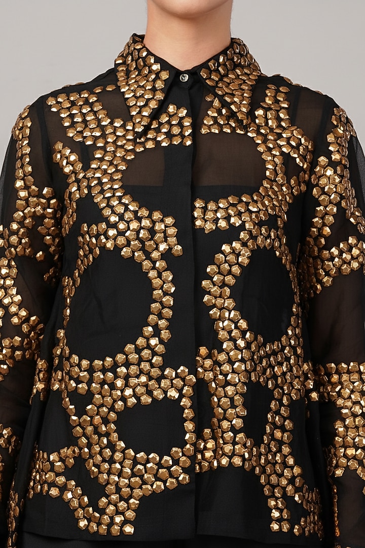 Black & Gold Viscose Organza Hand Embroidered Shirt by Abraham & Thakore at Pernia's Pop Up Shop