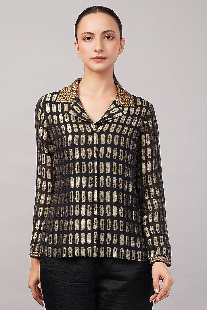 Black Silk Georgette Sequins Embellished Shirt by Abraham & Thakore at Pernia's Pop Up Shop