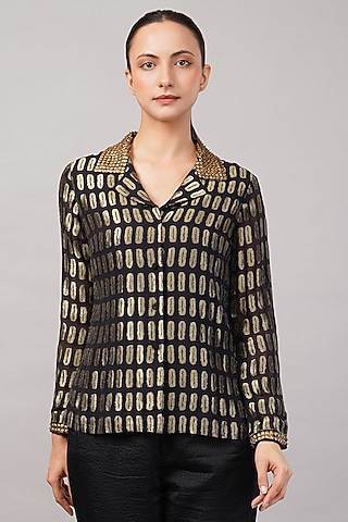 Black Silk Georgette Sequins Embellished Shirt by Abraham & Thakore