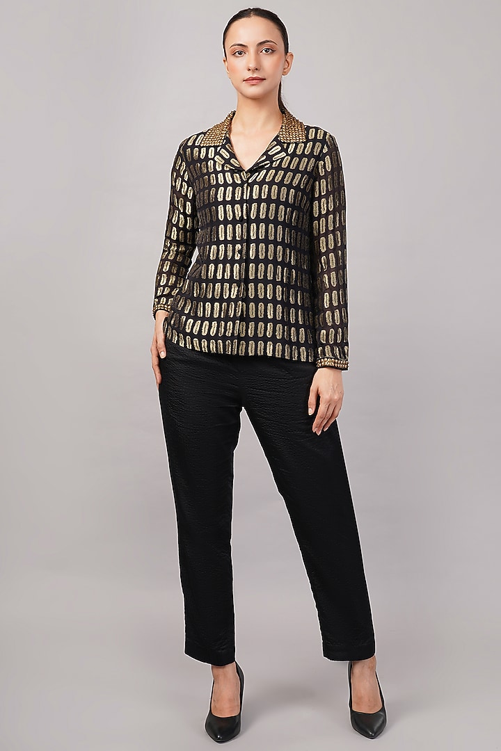 Black Silk Georgette Sequins Embellished Shirt by Abraham & Thakore at Pernia's Pop Up Shop