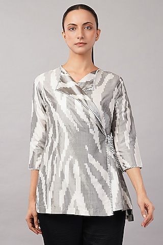 Ivory Silk Handwoven Ikat Fabric Top by Abraham & Thakore