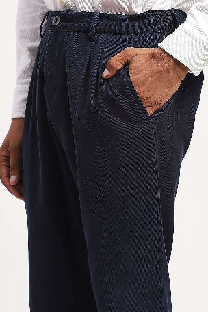 Navy Corduroy Crafted Trousers by Abraham & Thakore Men at Pernia's Pop Up Shop
