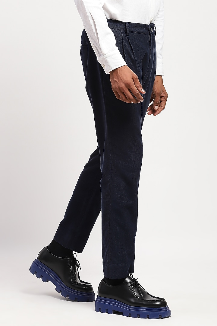 Navy Corduroy Crafted Trousers by Abraham & Thakore Men at Pernia's Pop Up Shop