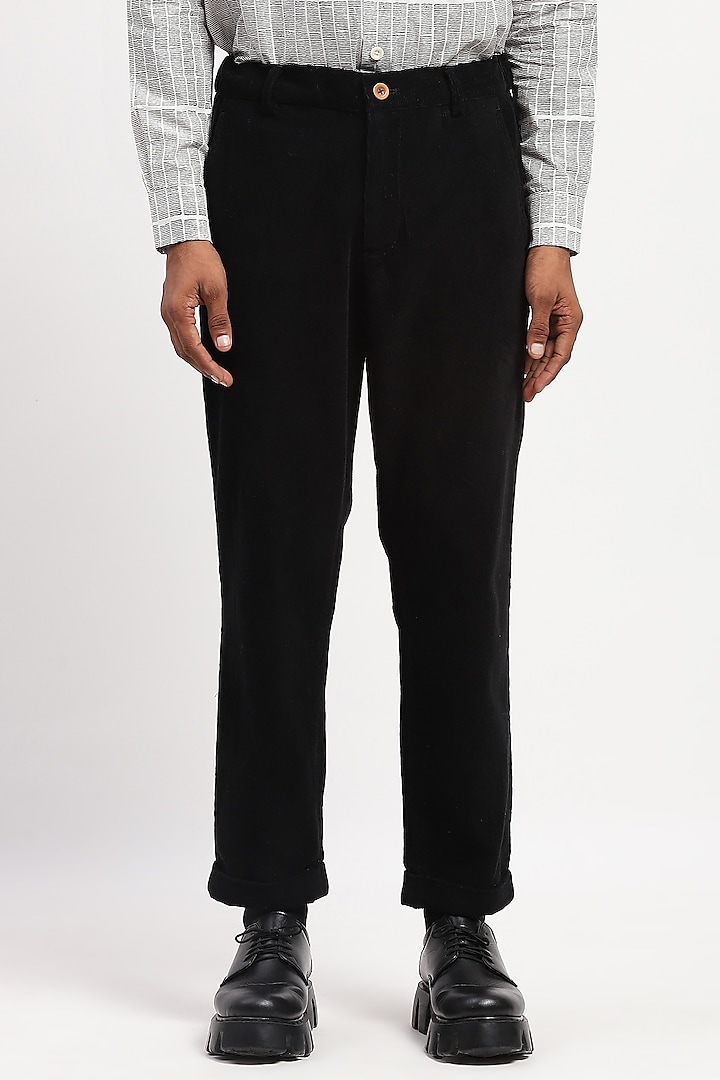 Black Corduroy Crafted Trousers by Abraham & Thakore Men at Pernia's Pop Up Shop