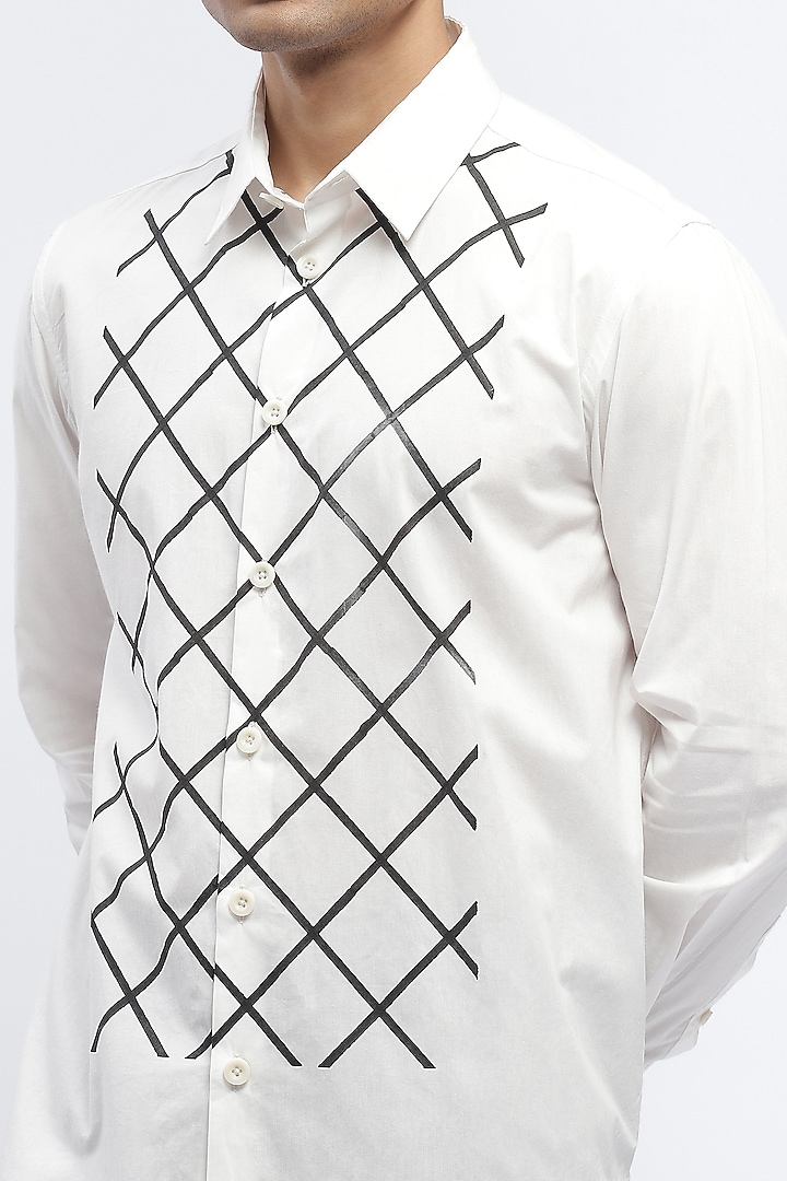 White Crafted Pure Cotton Block Printed Party Wear Shirt by Abraham & Thakore Men at Pernia's Pop Up Shop
