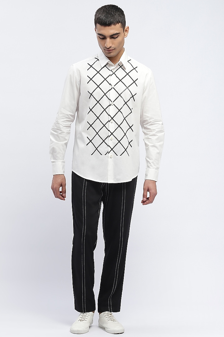 White Crafted Pure Cotton Block Printed Party Wear Shirt by Abraham & Thakore Men at Pernia's Pop Up Shop
