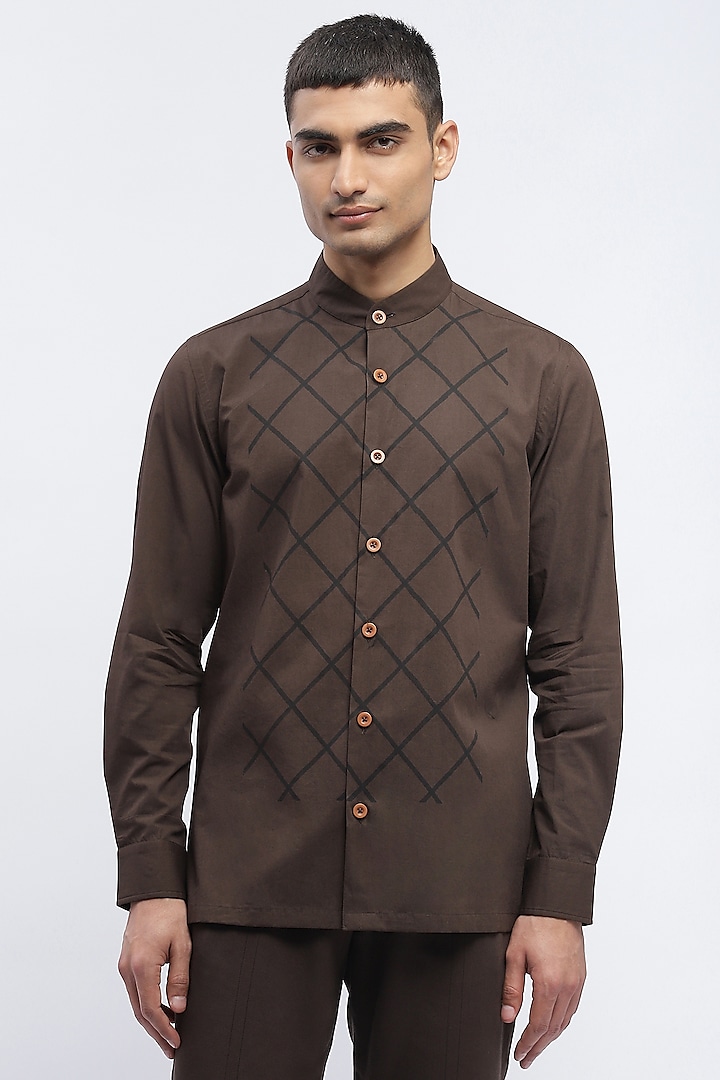 Brown Crafted Pure Cotton Block Printed Shirt by Abraham & Thakore Men at Pernia's Pop Up Shop