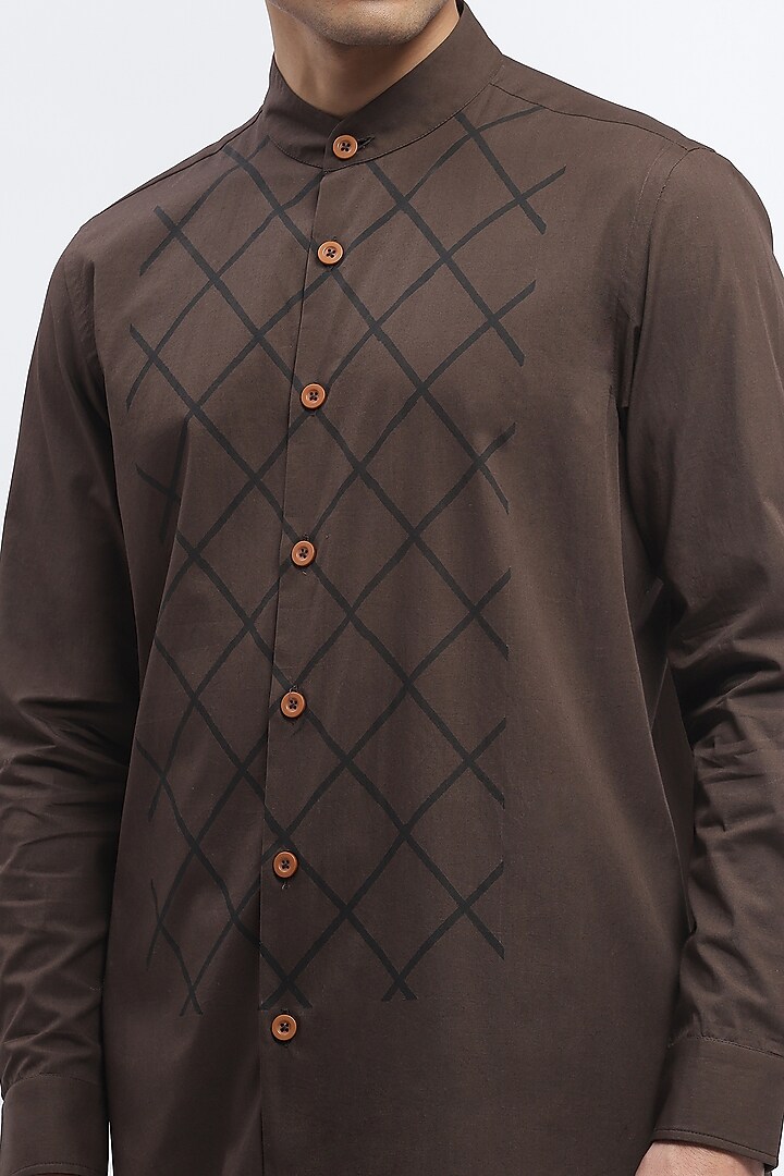 Brown Crafted Pure Cotton Block Printed Party Wear Shirt by Abraham & Thakore Men at Pernia's Pop Up Shop