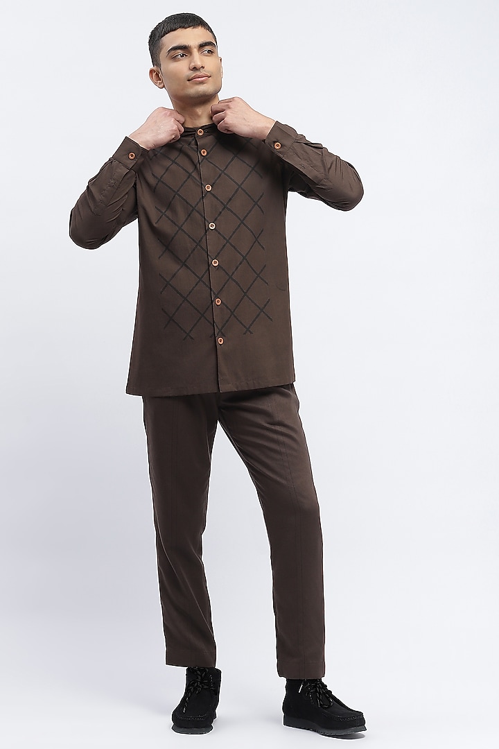 Brown Crafted Pure Cotton Block Printed Party Wear Shirt by Abraham & Thakore Men at Pernia's Pop Up Shop