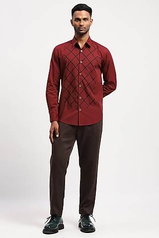 Red Crafted Pure Cotton Block Printed Shirt by Abraham & Thakore Men