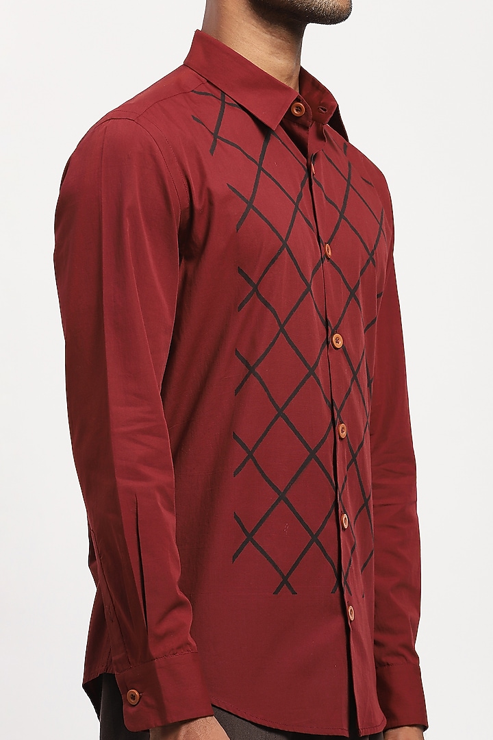 Red Crafted Pure Cotton Block Printed Party Wear Shirt by Abraham & Thakore Men at Pernia's Pop Up Shop