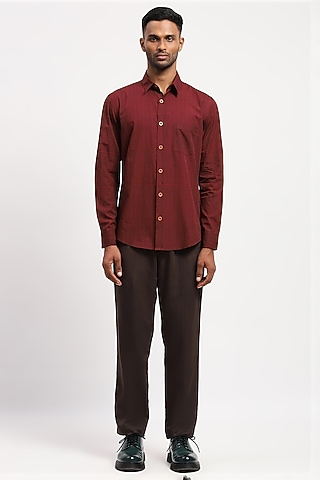 Red Crafted Pure Cotton Block Printed Shirt by Abraham & Thakore Men