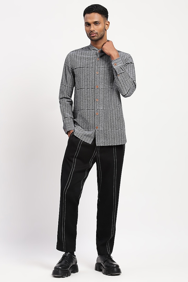 Black Crafted Pure Cotton Block Printed Shirt by Abraham & Thakore Men at Pernia's Pop Up Shop