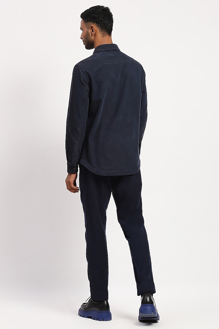 Navy Corduroy Crafted Party Wear Shirt by Abraham & Thakore Men at Pernia's Pop Up Shop