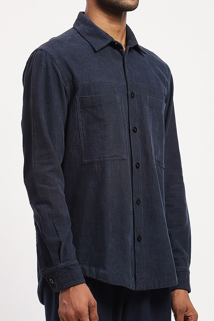 Navy Corduroy Crafted Party Wear Shirt by Abraham & Thakore Men at Pernia's Pop Up Shop