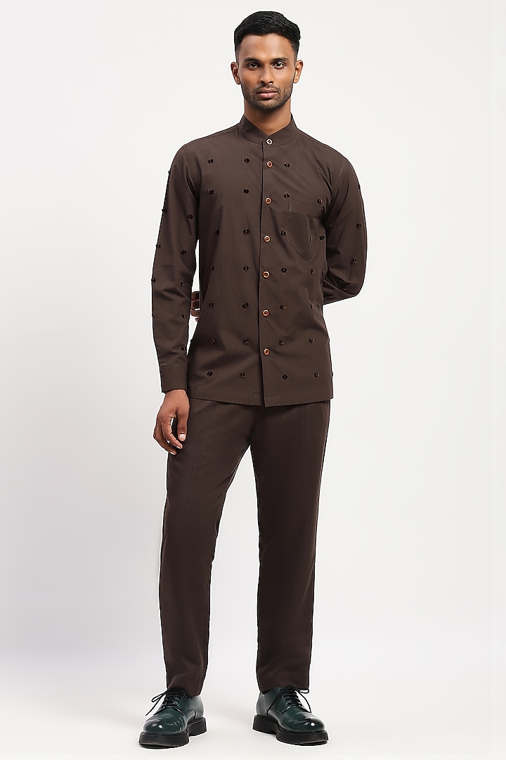 Brown Pure Cotton Embroidered Shirt by Abraham & Thakore Men