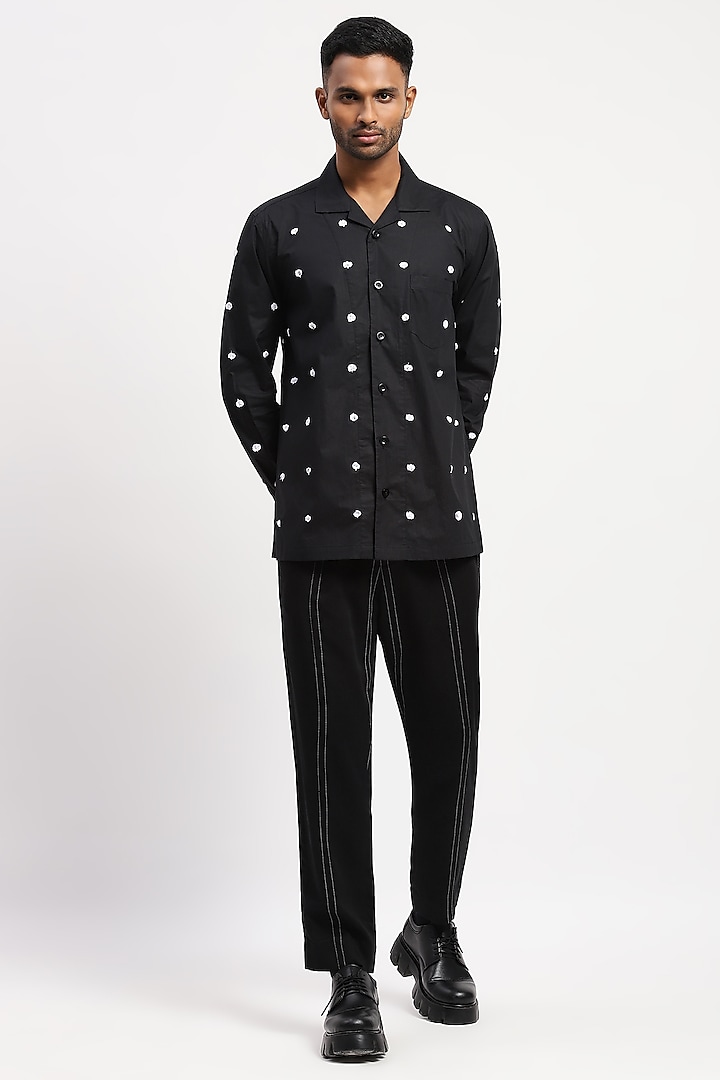 Black Pure Cotton Embroidered Shirt by Abraham & Thakore Men