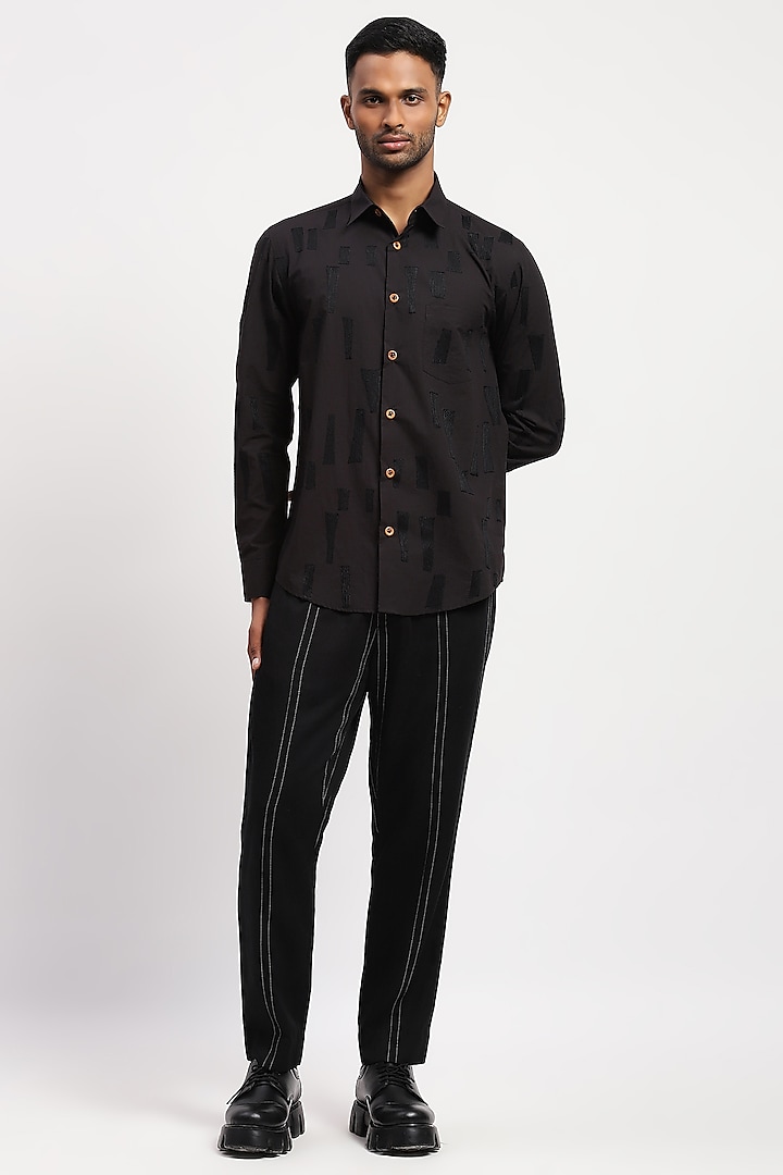 Black Pure Cotton Embroidered Shirt by Abraham & Thakore Men