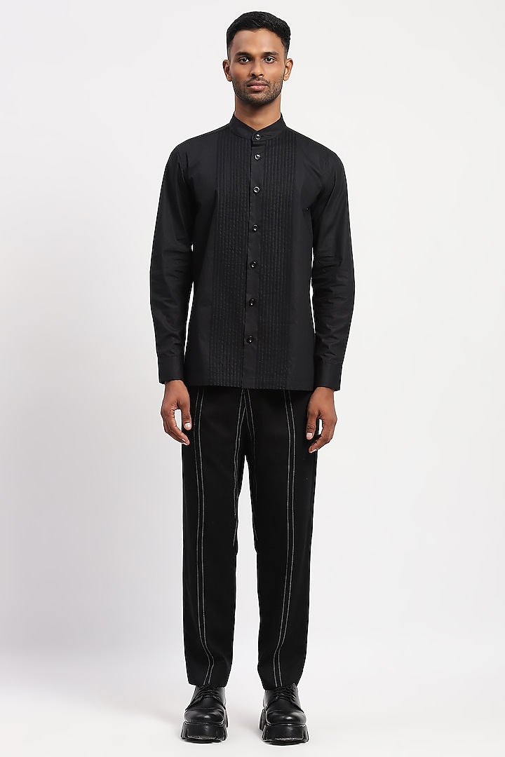 Black Pure Cotton Embroidered Shirt by Abraham & Thakore Men