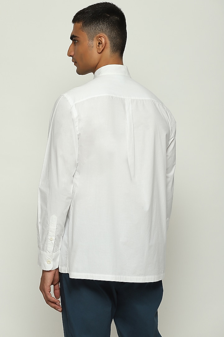 Ivory Cotton Poplin Block Printed Party Wear Shirt by Abraham & Thakore Men at Pernia's Pop Up Shop