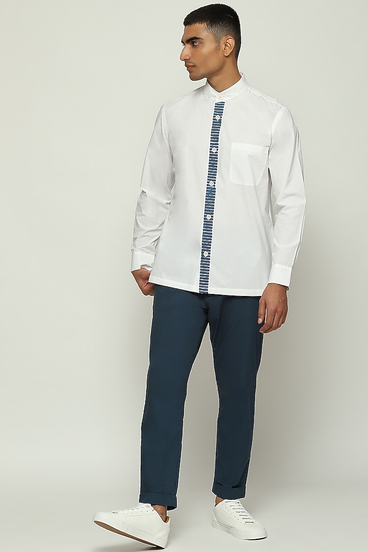 Ivory Cotton Poplin Block Printed Party Wear Shirt by Abraham & Thakore Men at Pernia's Pop Up Shop