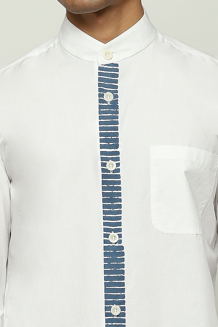 Ivory Cotton Poplin Block Printed Party Wear Shirt by Abraham & Thakore Men at Pernia's Pop Up Shop