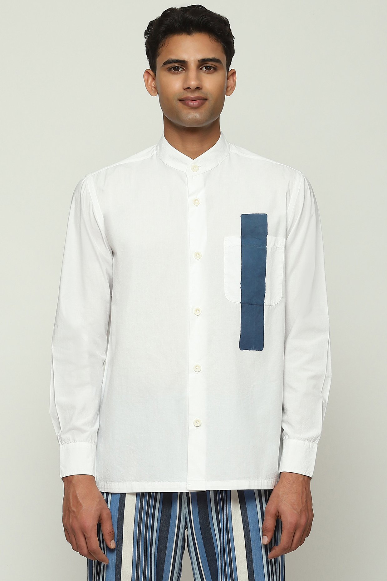 Ivory Cotton Poplin Block Printed Shirt by Abraham & Thakore Men