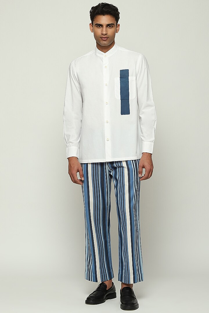 Ivory Cotton Poplin Block Printed Party Wear Shirt by Abraham & Thakore Men at Pernia's Pop Up Shop