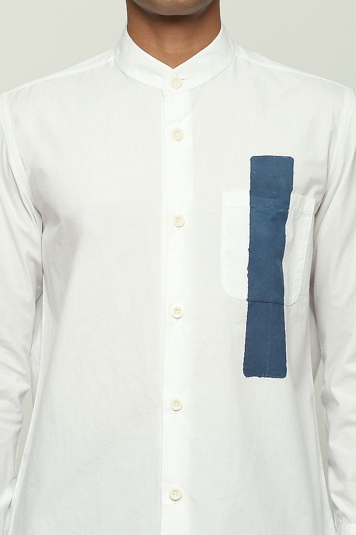Ivory Cotton Poplin Block Printed Party Wear Shirt by Abraham & Thakore Men at Pernia's Pop Up Shop