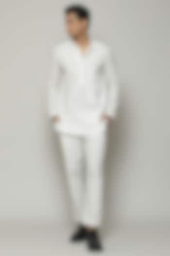White Cotton Embroidered Kurta by Abraham & Thakore Men