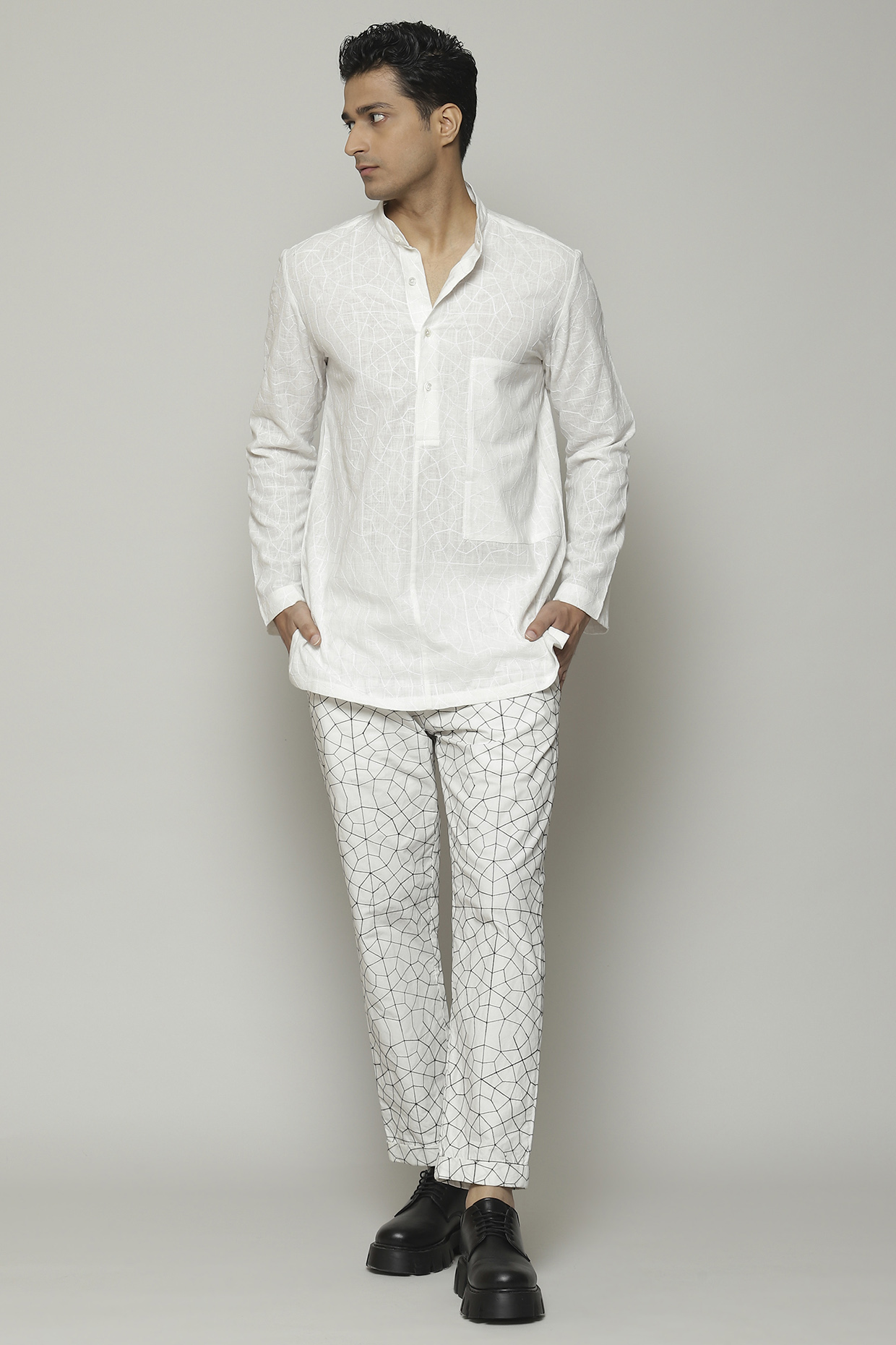 White Cotton Embroidered Kurta by Abraham & Thakore Men