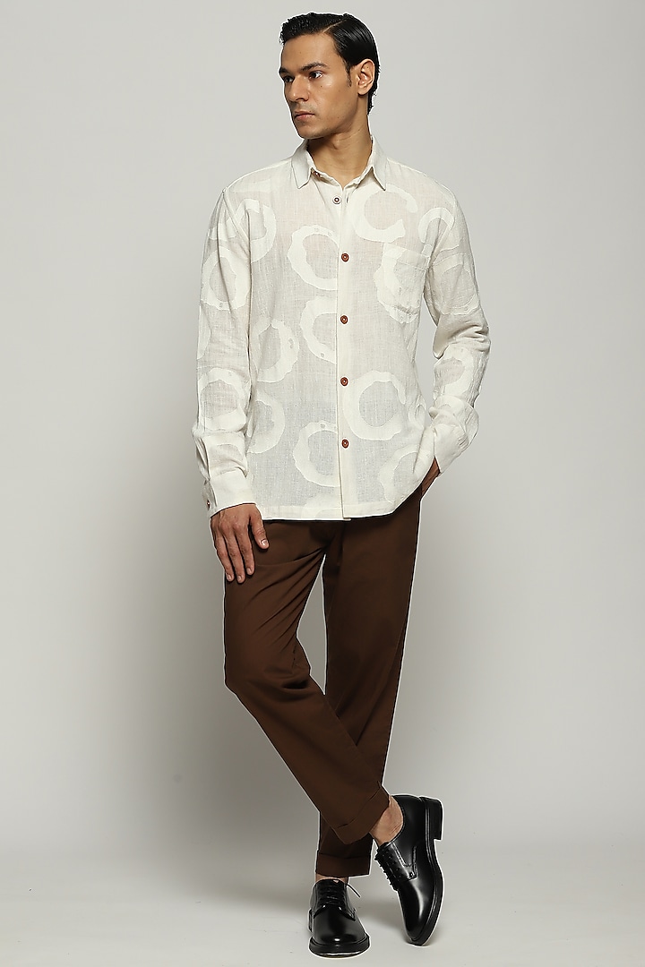 White Cotton Linen Hand Embroidered Shirt by Abraham & Thakore Men