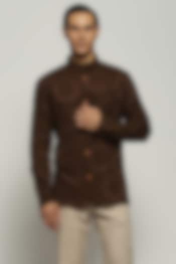 Chocolate Brown Cotton Embroidered Shirt by Abraham & Thakore Men