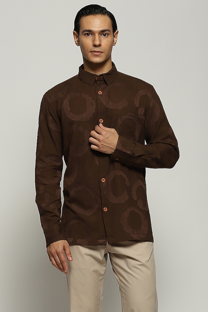 Chocolate Brown Cotton Embroidered Shirt by Abraham & Thakore Men