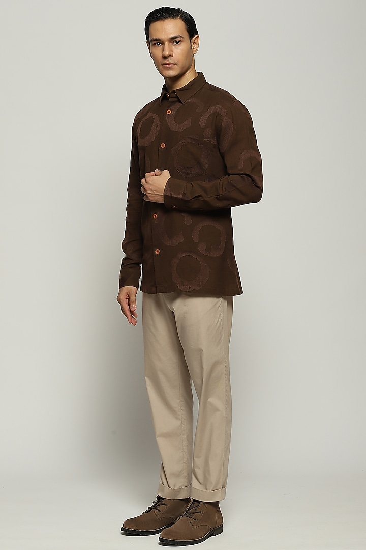 Chocolate Brown Cotton Embroidered Party Wear Shirt by Abraham & Thakore Men at Pernia's Pop Up Shop