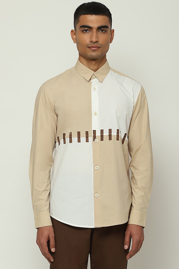 Ecru & White Cotton Hand Block Printed Shirt by Abraham & Thakore Men