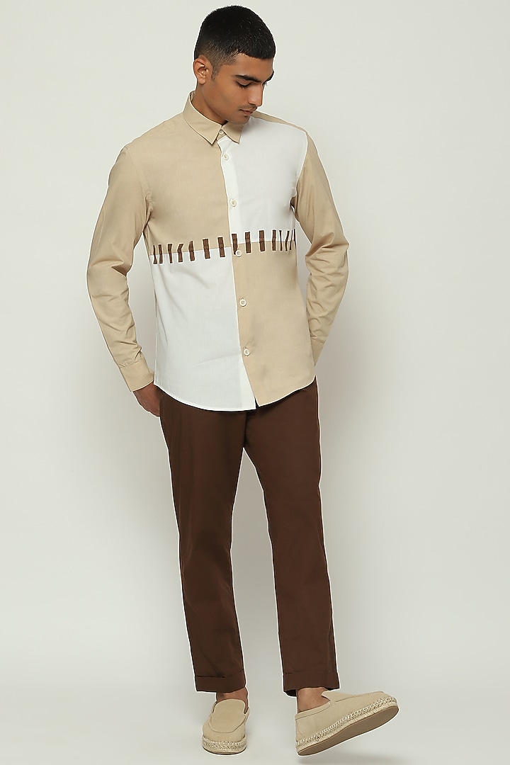 Ecru & White Cotton Hand Block Printed Party Wear Shirt by Abraham & Thakore Men at Pernia's Pop Up Shop