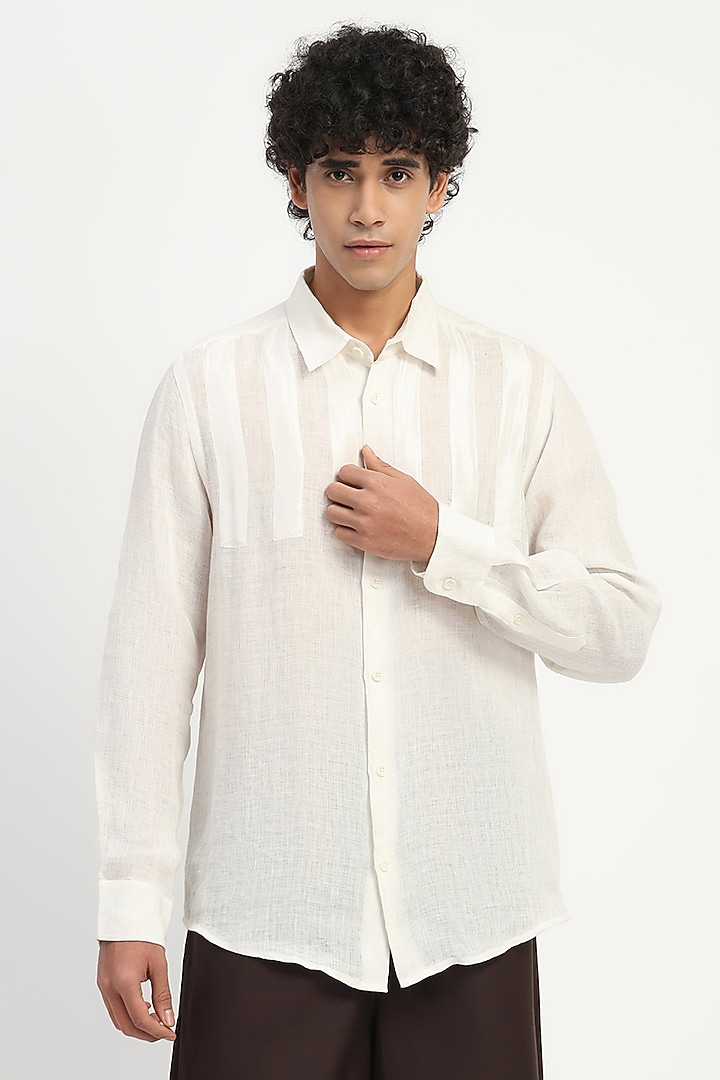 Ivory Linen Applique Party Wear Shirt by Abraham & Thakore Men at Pernia's Pop Up Shop