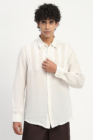 Ivory Linen Applique Shirt by Abraham & Thakore Men