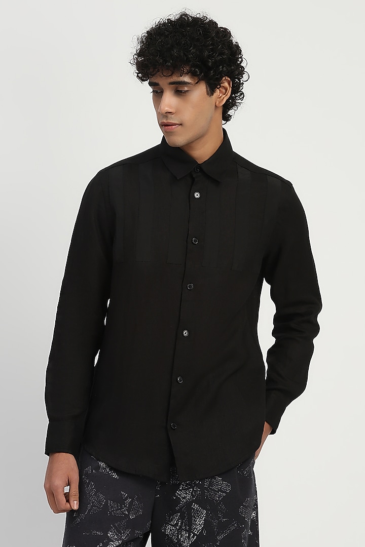 Black Linen Applique Party Wear Shirt by Abraham & Thakore Men at Pernia's Pop Up Shop