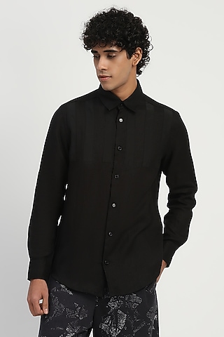 Black Linen Applique Shirt by Abraham & Thakore Men
