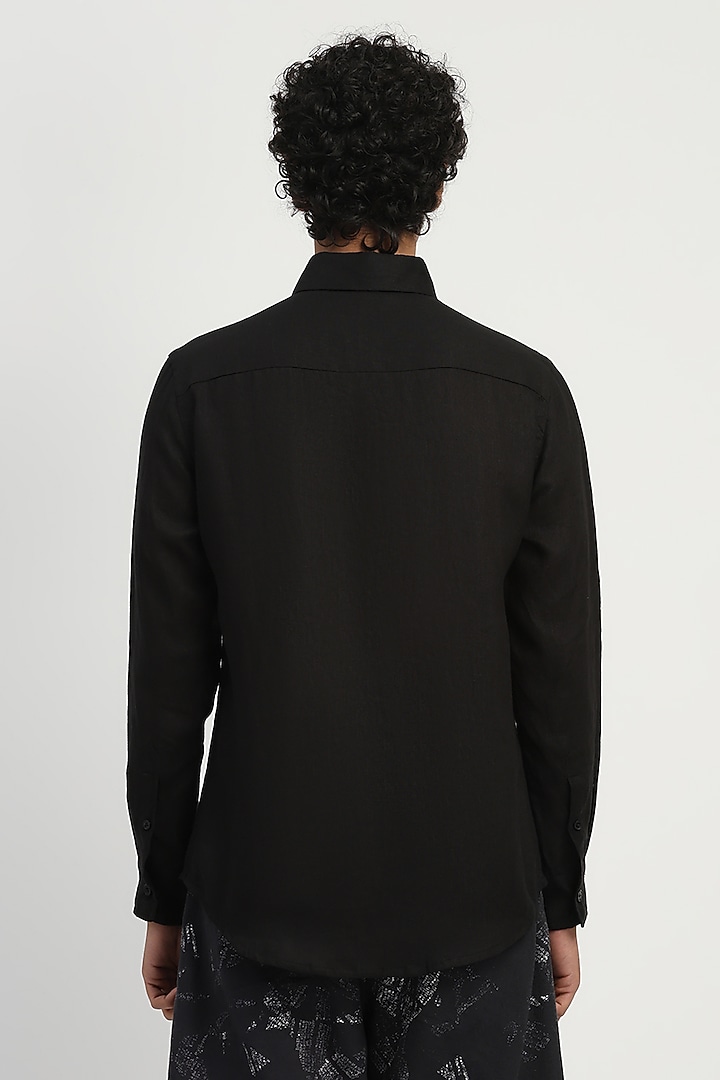 Black Linen Applique Party Wear Shirt by Abraham & Thakore Men at Pernia's Pop Up Shop