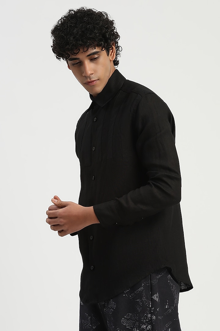 Black Linen Applique Party Wear Shirt by Abraham & Thakore Men at Pernia's Pop Up Shop