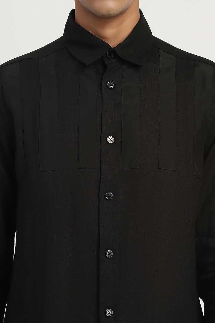 Black Linen Applique Party Wear Shirt by Abraham & Thakore Men at Pernia's Pop Up Shop