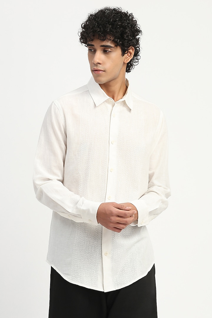 Ivory Linen Stab Embroidered Party Wear Shirt by Abraham & Thakore Men at Pernia's Pop Up Shop