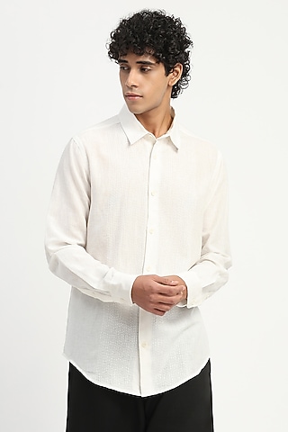 Ivory Linen Stab Embroidered Shirt by Abraham & Thakore Men