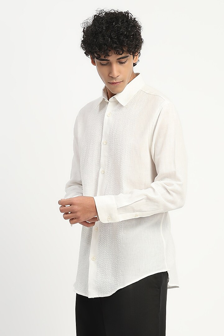 Ivory Linen Stab Embroidered Party Wear Shirt by Abraham & Thakore Men at Pernia's Pop Up Shop