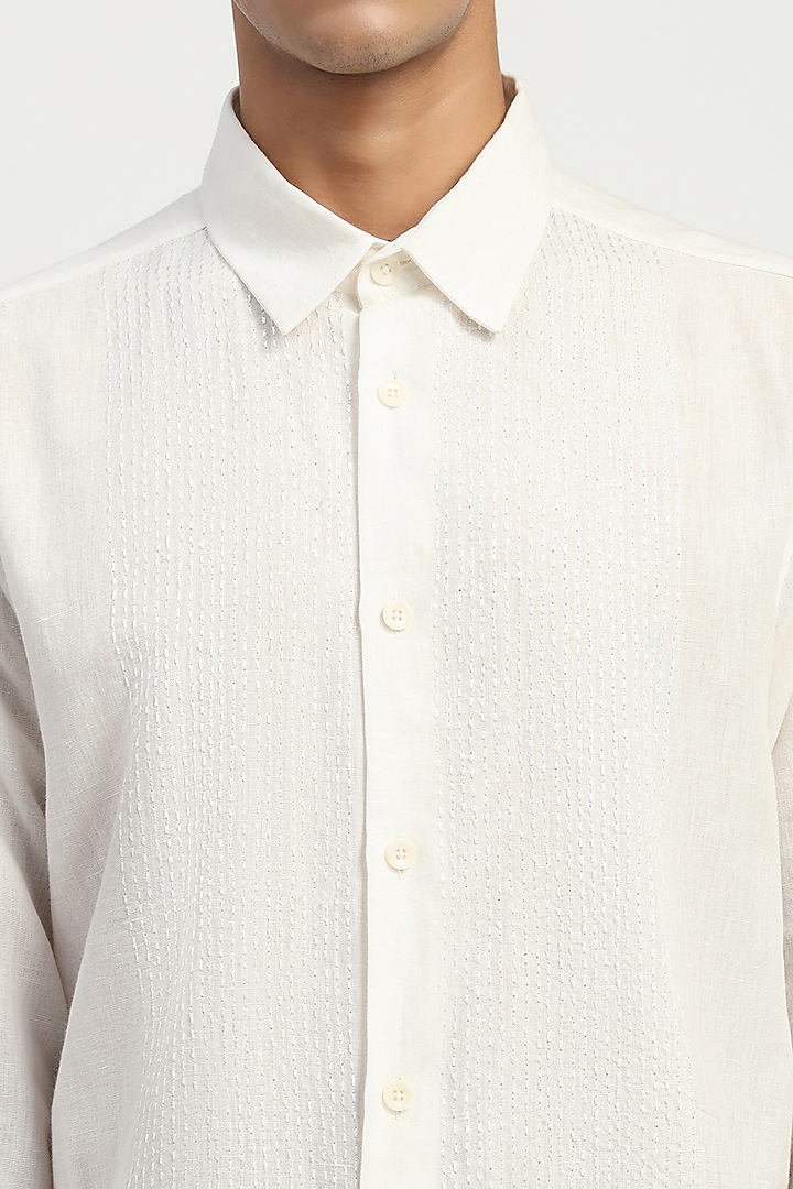 Ivory Linen Stab Embroidered Party Wear Shirt by Abraham & Thakore Men at Pernia's Pop Up Shop