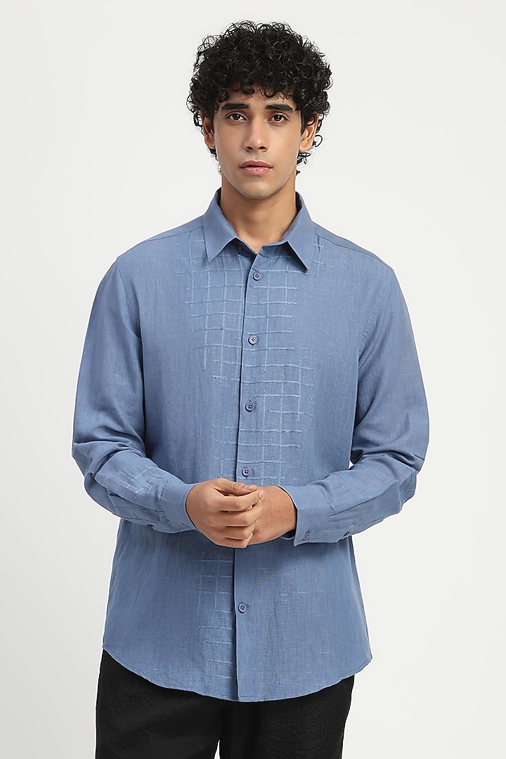 Blue Cotton Linen Aari Embroidered Party Wear Shirt by Abraham & Thakore at Pernia's Pop Up Shop