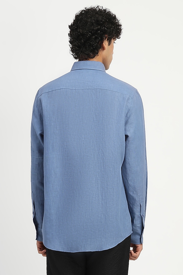 Blue Cotton Linen Aari Embroidered Party Wear Shirt by Abraham & Thakore Men at Pernia's Pop Up Shop